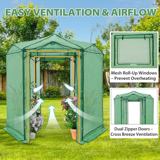 EAGLE PEAK 6.6x6.6 Portable Walk in Greenhouse, Pop Up Indoor Outdoor Greenhouse, Green House Kit with Zippered Roll-Up Doors and Windows, Hexagon Design, PE Cover, Clear/Green