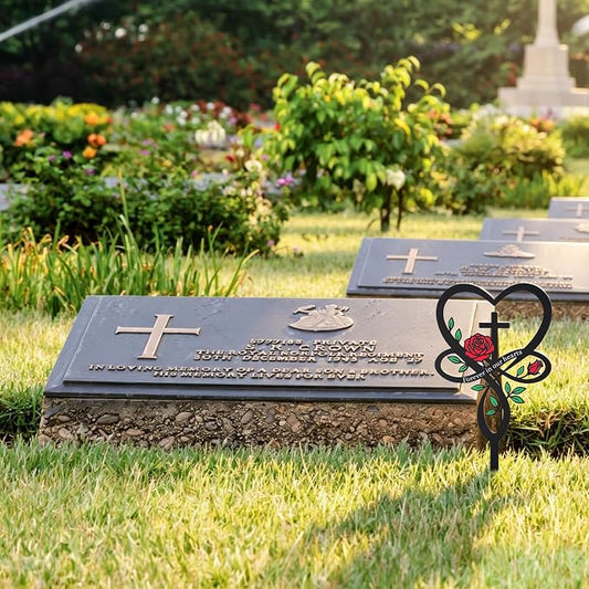 Cemetery Decorations for Grave, Forever in Our Hearts Metal Grave Marker for Outdoor Garden Yard Sympathy Decor, Flower Heart Cross Memorial Plaque Stake for Remembrance Son Mom Dad