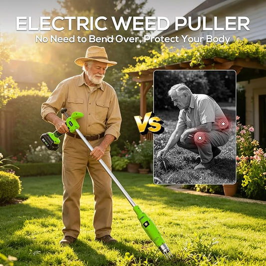 LITEKON Electric Cordless Weed Puller Tool, 20V Battery Powered Stand Up Weeder with 2.0Ah Battery & Fast Charger, Puller Tool with Long Handle, Crabgrass Piller& Dandelion Remover for Garden, Green