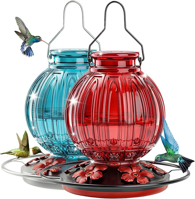 2 Pack Glass Hummingbird Feeder for Outdoors Hanging, Bird Nectar Feeder with Perch & 5 Flower Feeding Ports, 26 Oz Leak Proof for Outside Garden Decor Backyard, Gifts for Women Mom, Red + Blue