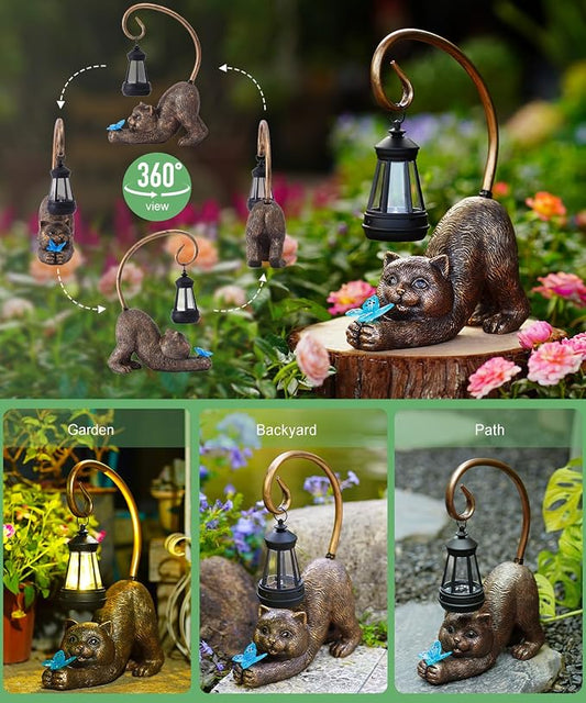 Solar Cat Garden Statue: Outdoor Sculptures with Lantern | Weatherproof Resin Decorations, Art Patio Balcony Yard Lawn Decor, Unique Birthday Gift for Women Mom Grandma