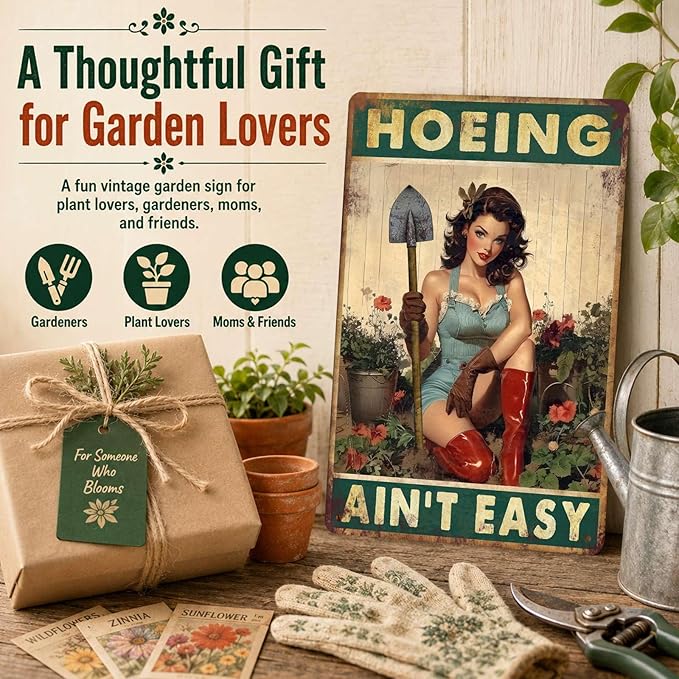 PEACHGARDEN Garden Signs Yard Art Hoeing Ain't Easy Funny Garden Aluminum Metal Sign for Outside Patio Backyard Greenhouse Decor, 8x12 Inch