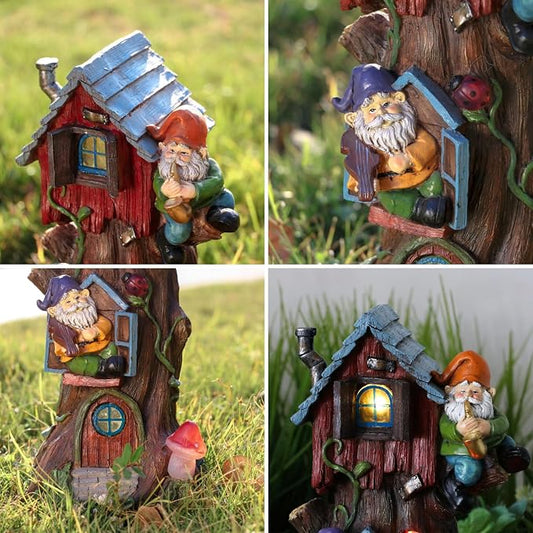 TERESA'S COLLECTIONS 11" Tall Large Garden Statues Gnome Treehouse with Solar Outdoor Light, Dad Gifts for Men,Resin Garden Decor Lawn Ornaments for Patio Yard Decor Gifts for Mom