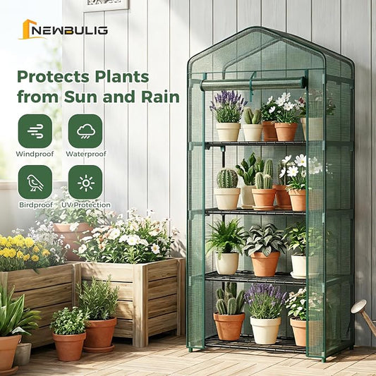 NEWBULIG Mini Greenhouse with Durable PE Cover Roll-up Zipper Door 4 Tier, 27"x19"x63" Small Greenhouse for Outdoors Indoor Balcony, Porch, Garden, Patio, Backyard Green Houses, Green