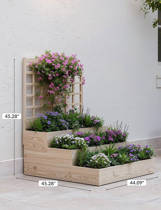 Vertical Wooden Garden Planter with Trellis – 3-Tier Raised Bed for Climbing Plants, Vegetables, Herbs & Fruits – Open Base Design for Improved Drainage – Ideal for Patio, Deck, or Backyard
