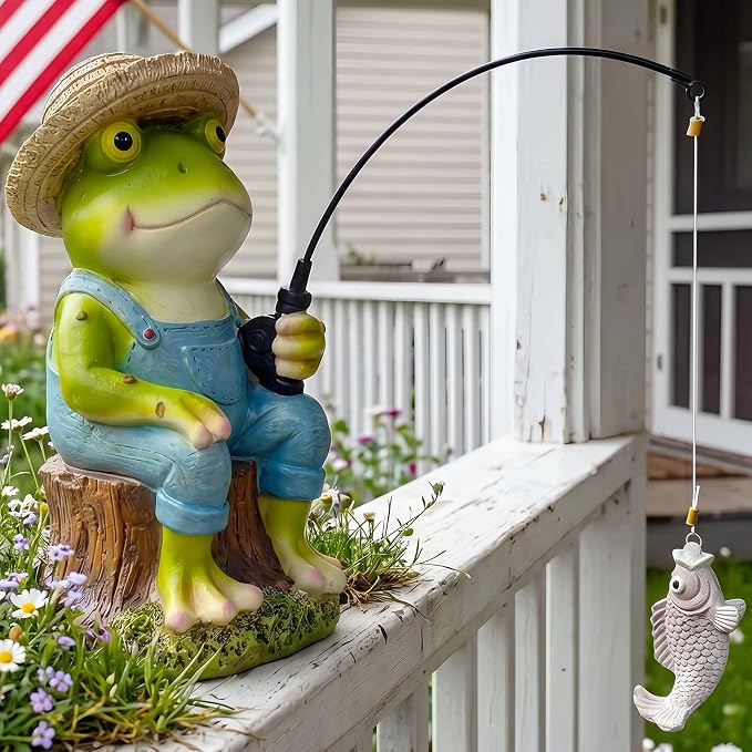 Frog Fisherboy Statue | Outdoor Garden Decor, Resin Animal Statue, Pond Ornaments, Poolside Garden Decor, Koi Fish Pond, Unique Fisherman Gifts