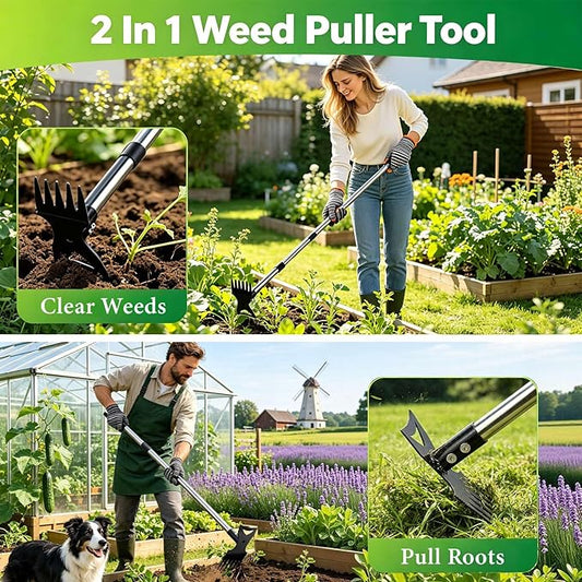 Weed Puller Tool with Long Handle – 58" Manual Weeder Remover Tool, 2-in-1 Handle Garden Hoe and Weed Rake, Hoe Garden Tool, Uprooting Weeding Tool for Yard, Lawn, Patio and Garden