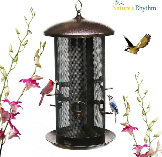 Nature's Rhythm Metal Hopper Bird Feeder Two Chambers,Heavy Duty Mesh Metal Dual Seed Compartments Outdoor Hanging Wild Bird Feeder with 10 Feeding Ports,10lbs Seed Capacity