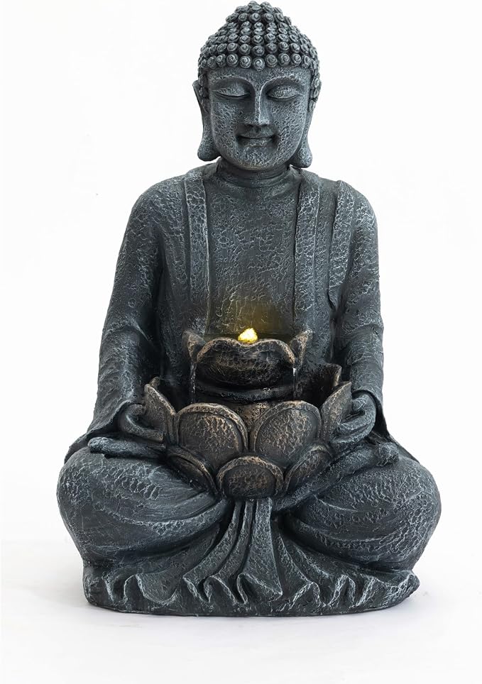 28'' Zen Buddha Water Fountain with LED Light and Pump, 2 Tier Polyresin Meditating Buddha Outdoor Fountain, Lighted Waterfall Statue for Garden Patio Backyard Indoor Decor