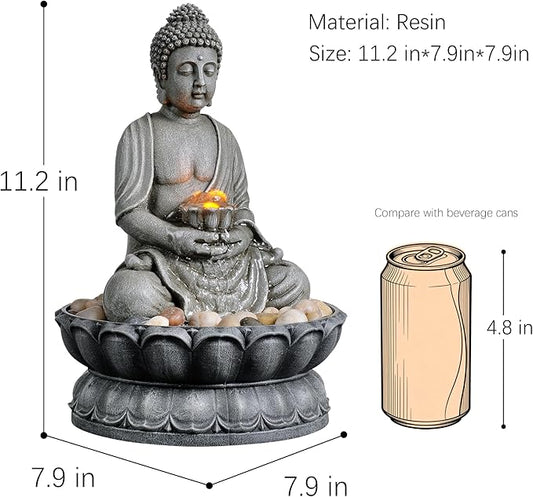 GOSSI 11.2 Inch Tall Indoor Tabletop Buddha Fountain with Reflective Lighting and Cobblestone Base, Zen Desk Water Fountain for Office and Home Decor