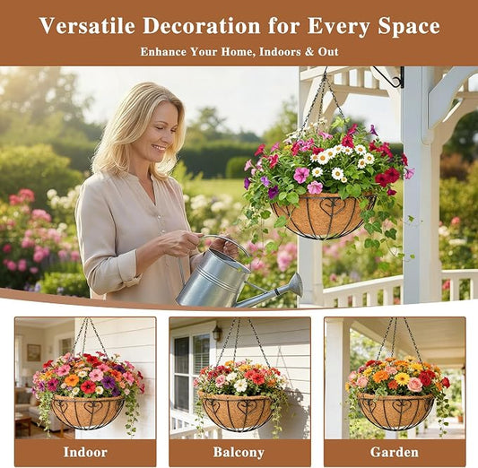 4 Pack Hanging Planter for Outdoor Plants 14 inch Metal Hanging Flower Basket with Coco Coir Liner Round Wire Plant Holder Chain Flower Pots Outdoor Garden Decoration Watering Hanging Baskets(AX)