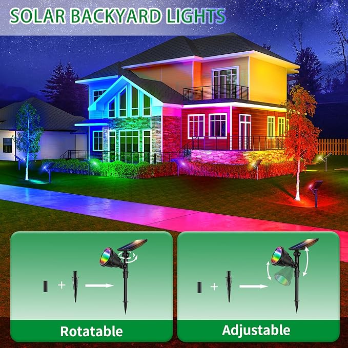JSOT 2 Pack Christmas Solar Spotlights, RGB Solar Spot Light Outdoor Waterproof Color Changing Landscape Lighting with 9 Lighting Options Decor for Backyard Walkway Tree Lawn