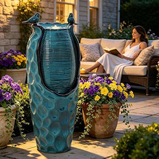 Autodaya 33" Vase Ceramic Outdoor Water Fountain with Lights and Birds | teal blue glazed water feature with textured design, ambient soothing cascading water flow for garden patio yard sanctuary