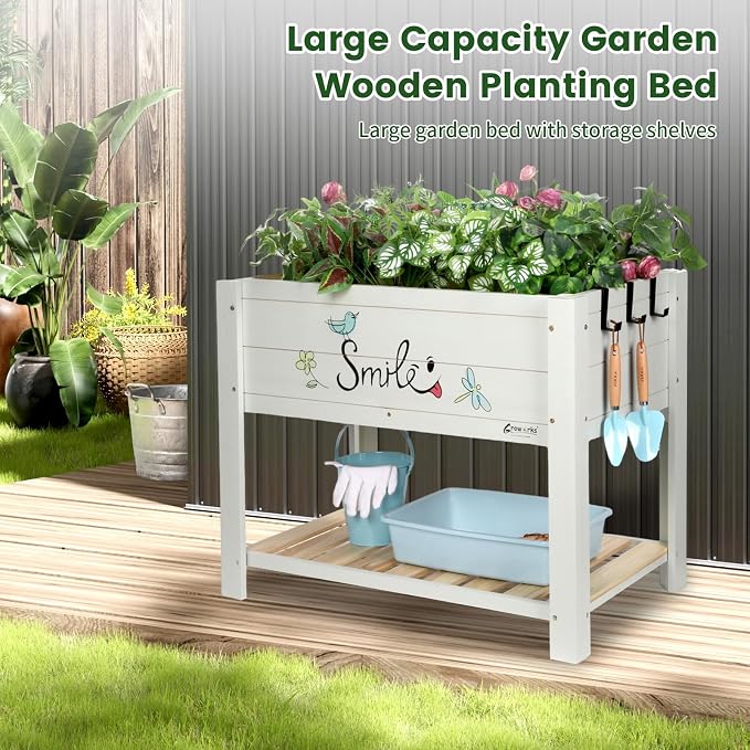 Raised Garden Bed for Kids - 30”L*18”W*24”H Elevated Wooden Planter Box Stand, Backyard, Patio, Balcony w/Bed Liner, 180lb Capacity (Green)