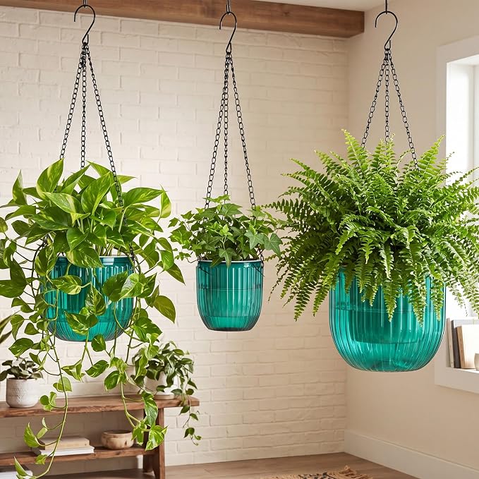 Maxcheck 3 Pcs Self Watering Hanging Planters Indoor Gift 6.9'' 6.5'' 4.5'' Hanging Flower Pots Baskets Outdoor Emerald Self Watering Plant with 3 Hooks Drainage Holes for Home