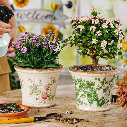 Sungmor Set of 2 Vintage Ceramic Flower Pots with Drainage Hole - Rustic Farmhouse Planters with Crackle Glaze & Floral Prints - Indoor Outdoor Decorative Plant Pots for Succulents, Herbs, Flowers