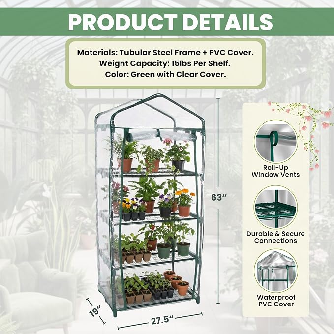 4 Tier Mini Greenhouse - Portable Greenhouse with Rust-Resistant Frame and PVC Cover for Indoor/Outdoor - 27.5x19x63-Inch Green House by Pure Garden