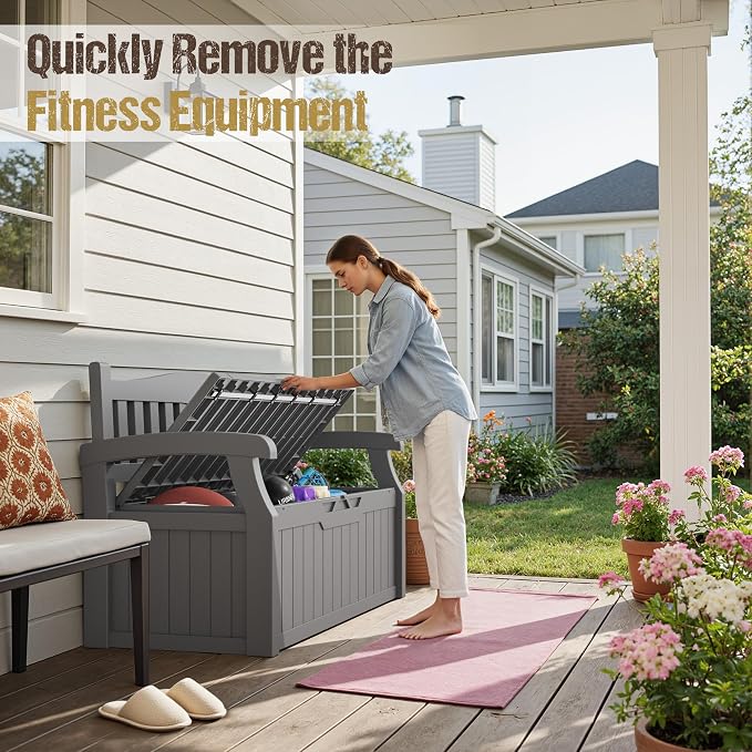 80-Gallon Outdoor Storage Bench, Waterproof Deck Box with Lockable Lid & Armrests for Patio, Garden, Pool, Gray