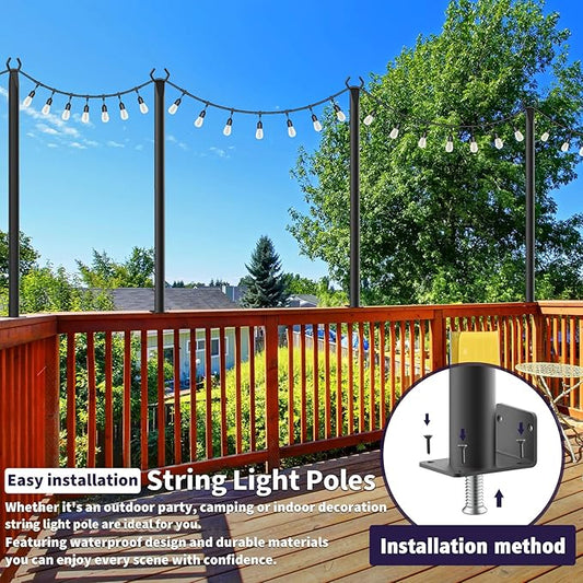 AHRLHR 10 Pack String Light Poles for Deck,5 Ft String Light Poles for Outside with Fixing Clips,Metal Poles for Outdoor String Lights, Hanging Light Poles for Fence Garden Backyard Wall Bistro