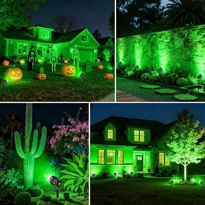 Green Spotlights Outdoor, 14 LED Landscape Lighting with US Plug, IP65 Waterproof Spot Lights for Tree Yard Garden Pathway Halloween Christmas St. Patrick's Day Decor, 4 Pack