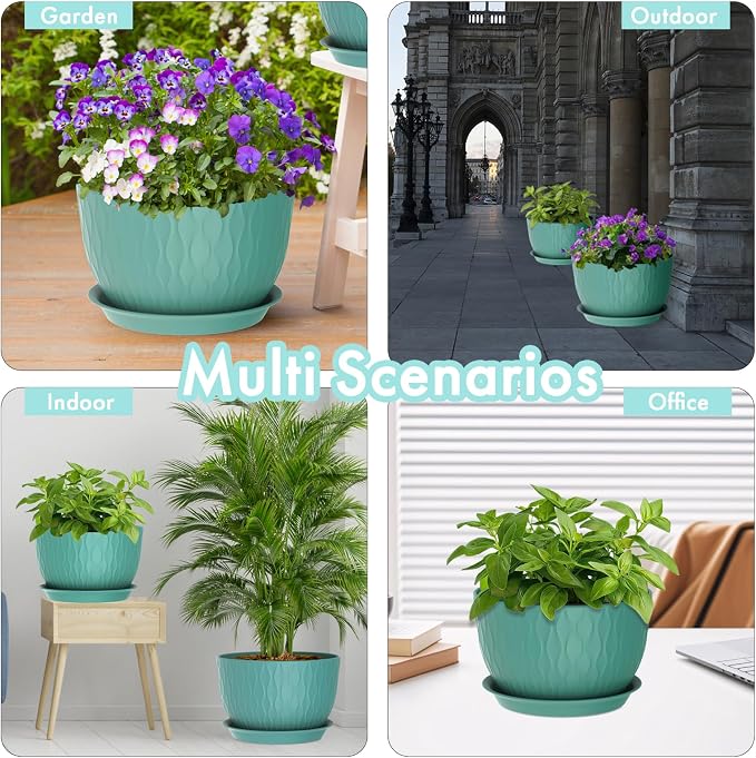 WSMKSZ 12 Inch Large Plant Pots for Indoor or Outdoor Plants, Wide Water Ripples Flower Pots with Drainage Holes & Saucer, Plastic Planters Set for Garden & Home Decor (Blue Green)