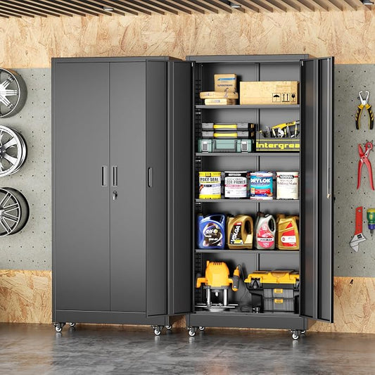 INTERGREAT73 Garage Storage Cabinet with Wheels, Rolling Metal Storage Cabinet with Locking Doors and 4 Adjustable Shelves,- 73" Steel Tool Cabinet for Home Office,Garage,Warehouse,Black