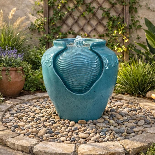Teamson Home Floor Glazed Pot Water Fountain with Built-in LED Light and Pump for Outdoor Indoor Patio Garden Backyard Decking Home Décor, 17 inch Height, Teal | Floor Standing Ceramic Waterfall, LED Lights, Patio Garden Deck Porch Yard, Zen Outdoor De...