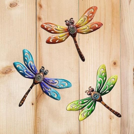 YNGFIL Dragonfly Wall Art Decor, Metal Indoor Outdoor Fence Outside Hanging Decorations for Living Room Bedroom, 9 Inch 3 Pack, Hand-made Vibrant Ornament Sculpture for Patio Balcony