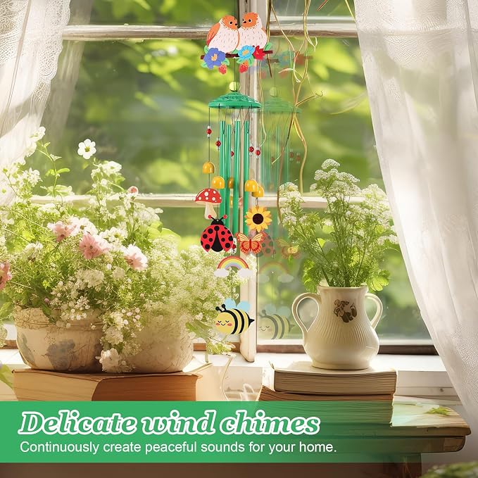 Bird Wind Chimes for Outside Colorful Metal Garden Decor with Rainbow Bee Butterfly Ladybug Sunflower Outdoor Hanging Wind Chime for Patio Porch Yard Art Gift