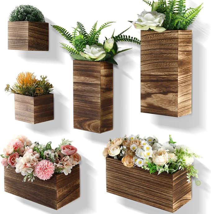 Ziliny 6 Pack Rustic Wood Wall Planters Hanging Wall Planters Pocket Vases Hanging Decor Vase for Plants Dried Flowers Faux Greenery Plants Indoor Living Room Bedroom Farmhouse Home Decor(5 Sizes)