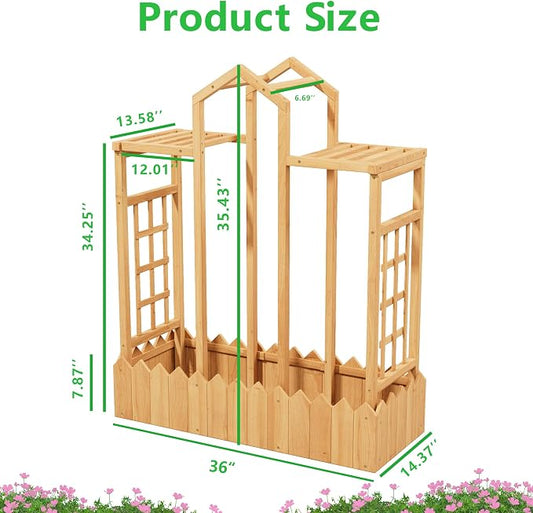 Raised Garden Bed with Arch Trellis, Wood Planter Box with Hanging Roof & Side Trellis, Above Ground Elevated Garden Bed for Outdoor Climbing Plants, Vines, Patio, Balcony