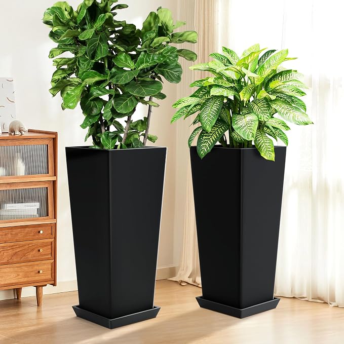 TUYOHW 24-Inch Tall Planters for Outdoor Plants, Set of 2, Black | Square tapered plastic planters with drainage trays for front porch, patio, entryway, backyard, or indoor plants
