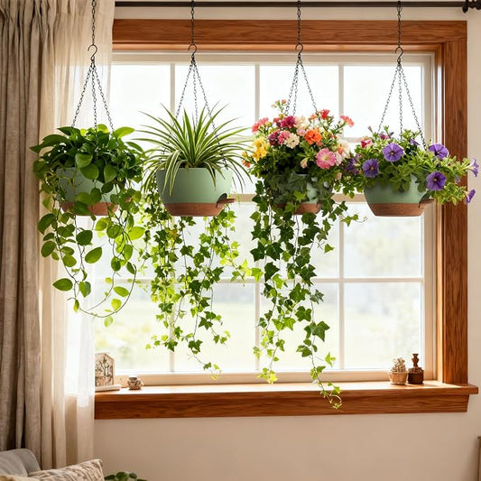 UOUZ 4 Pack 8 Inch Self Watering Hanging Planters for Indoor Outdoor Plants,Hanging Pots for Plants with Drainage Removable Tray, Hanging Baskets Flower Pots for Pothos Spider Garden Green with Brown