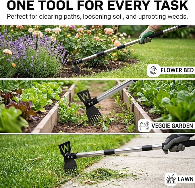 60" Weed Puller Tool with Long Handle, Heavy Duty 2-in-1 Stand Up Weeding Tool & Garden Hoe, Manual Weed Remover and Hand Rake for Yard, Lawn, Patio Gardening