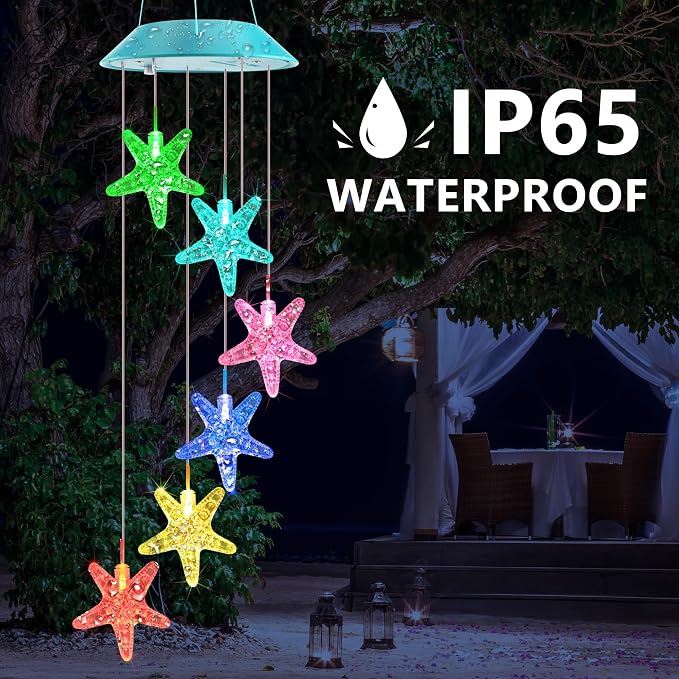 Solar Starfish Gift for Mom Grandma Girls, Colorful Solar Wind Chimes for Outside, Outdoor Decorative Mobile Lights for Garden, Yard, Patio, Window, Party, Outdoor Decorations