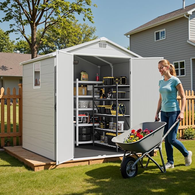 Greesum 6x6FT Plastic Outdoor Storage Shed with Floor, Resin Sheds with Lockable Double Door, Tool Sheds with Window and Vents, for Garden, Yard, Patio, Light Gray