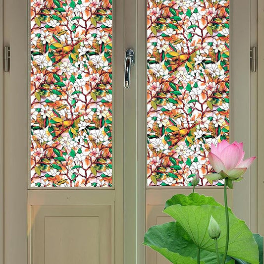 Stained Glass Privacy Film Decorative With Free Tools, Magnolia Window Film for Home, Frosted Tint, Covers Cling, 17.5 Inch by 157.4 Inch