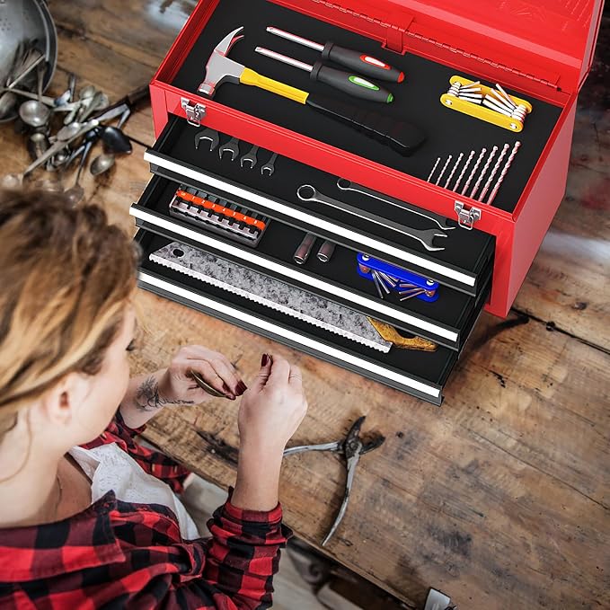Goplus Tool Box with 3 Drawers, 4-Tier 20.5" Portable Tool Chest Organizer with Top Tool Tray, Auto Lock, Protective Liner, Handle, Steel Metal Small Toolbox for Gargae, Workshop, Home