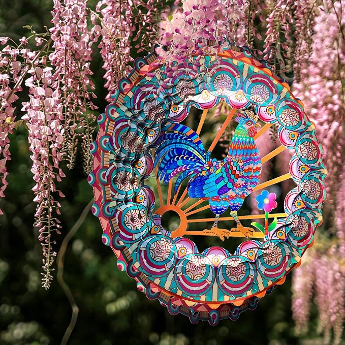 Rooster Kinetic Wind Spinner - 12-Inch 3D Holographic Metal Hanging Sculptures, Rustproof Outdoor Decor Garden Patio Decoration, Unique Gift for Chicken Lovers Mom Dad Men Women
