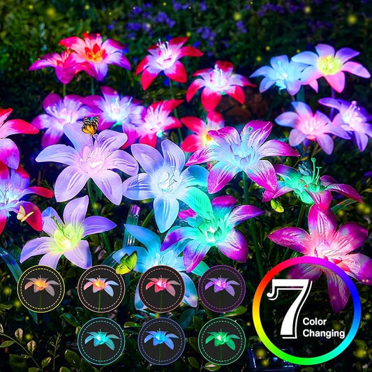 Ahaorigin Solar Garden Lights Outdoor, 4 Pack Blooming Lily Solar Flowers Outdoor Waterproof, 7 Color Changing Bigger Flower Lights for Yard Patio Decor, Gift for Mom