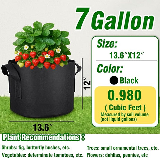 12-Pack 7 Gallon Grow Bags, Heavy Duty Fabric Pots with Handles, Reusable Plant Bags for Vegetable, Herbs & Flowers, BPA-Free, Breathable, Durable
