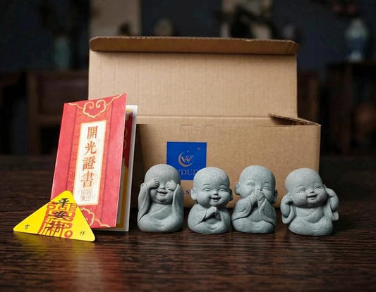 4-in-1 Mini Buddha Statue Set - See/Hear/Speak/Think No Evil, Zen Feng Shui Decor for Home, Aquarium, Garden, Office - Spiritual Resin Figurines with Blessing Amulet (Mini Laughing Buddha)
