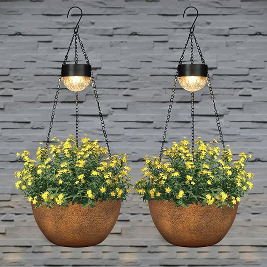 BAYN 2 Packs Solar Hanging Basket Planters for Plants Outdoor | Self Watering, Bronze Flower Pots with Solar Light , Hanging Planters with Drainer for Balcony Patio Garden Decoration
