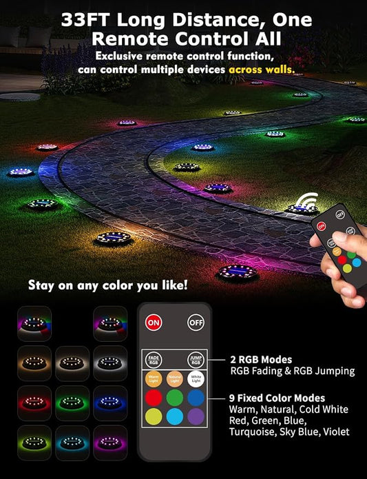 Color Changing Solar Ground Lights with Remote, IP67 Waterproof, 16Pack | 9-Color & 2 Dynamic RGB, 33ft Long Distance Remote Control, Dusk-to-dawn Light Up, Outdoor Flat Disk Light for Yard Lawn Path