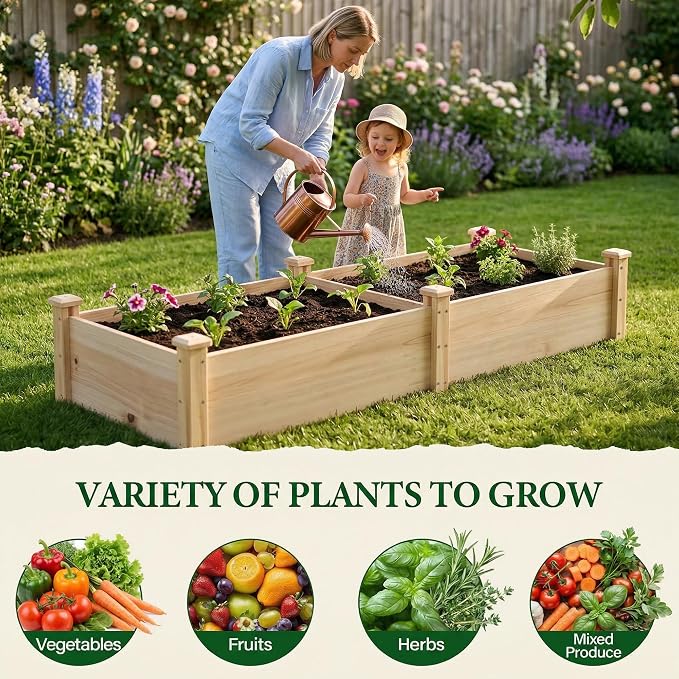 8×2ft Wooden Horticulture Raised Garden Bed Divisible Elevated Planting Planter Box for Flowers/Vegetables/Herbs in Backyard/Patio Outdoor, Natural Wood, 96 x 24 x 9in