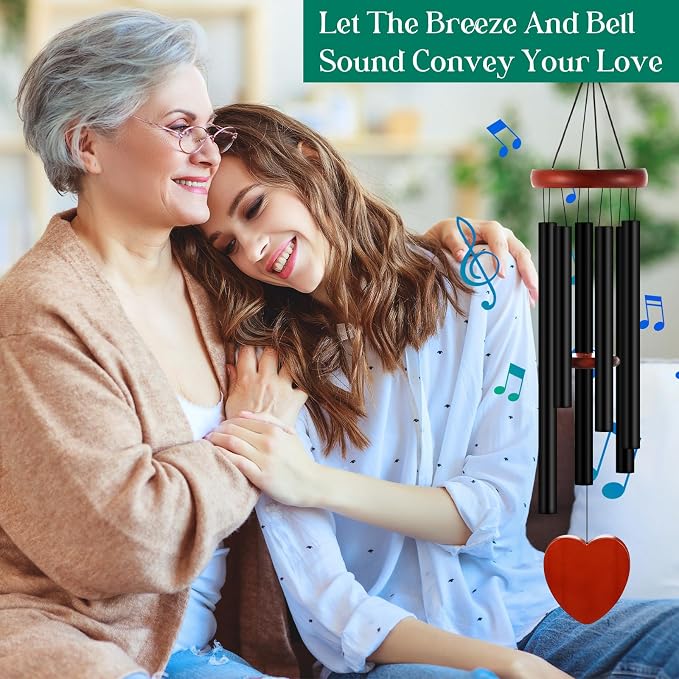 Leinuosen Wind Chimes for Outside Wind Chimes Outdoors Deep Tones 28" with 6 Aluminum Tubes Memorial Sympathy Windchime for Valentine Tree Decor Garden Courtyard Mom Loved One Gifts(Heart,Black)