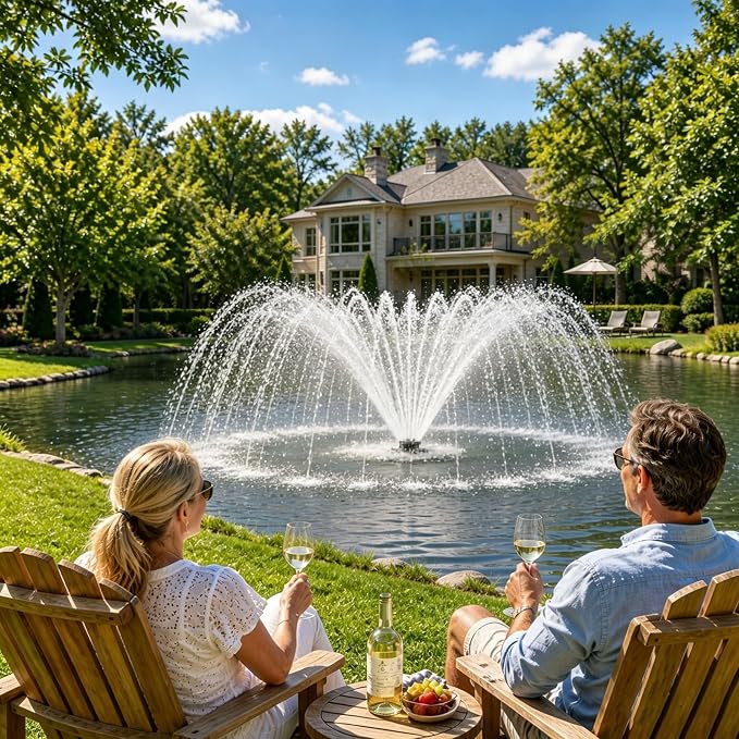 Pond Fountain Aerator, with 4 RGB Lights 1HP 110V 15000 GPH Pond Fountain Pump with Lights, Fully Automatic Lake Floating Fountain, 100 FT Power Cord, Pond Fountains for Large Ponds Lake