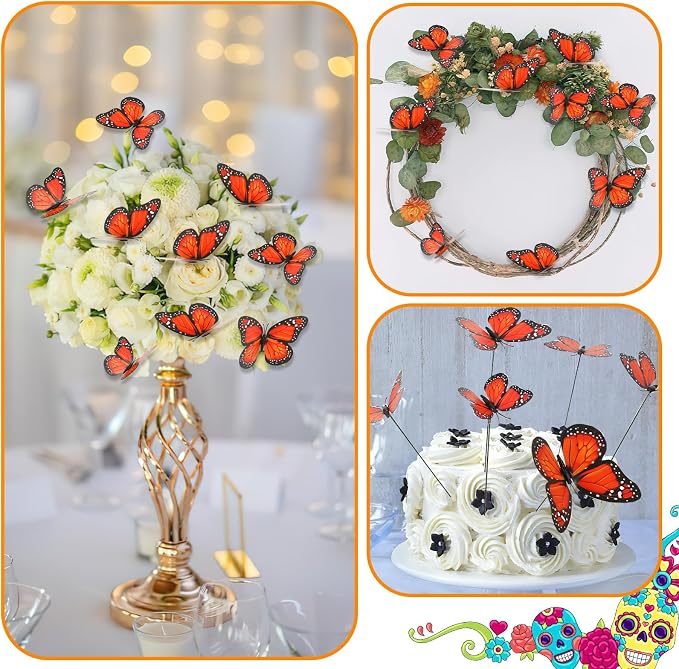 Augshy 75pcs 3D Monarch Butterfly Stakes Artificial Garden Monarch Butterfly Decorations for Day of The Dead Dia De Los Muertos Decor Halloween Party Supplies (3 Size)