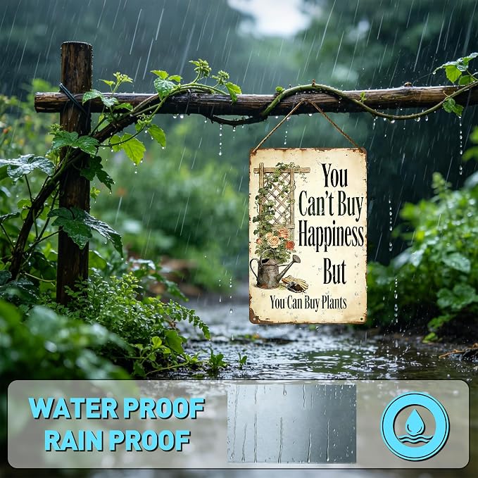 Funny Garden Metal Signs, Vintage Outdoor Wall Decor 8x12 Inch | Can't Buy Happiness But Buy Plants, Weatherproof Aluminum Sign for Patio Yard Greenhouse, Gift For Gardeners