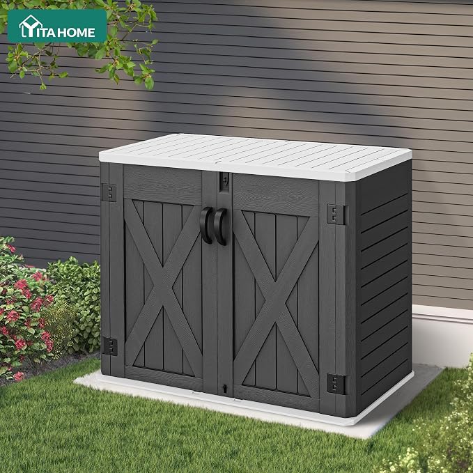 YITAHOME Outdoor Horizontal Storage Shed with X-Shaped Lockable Door, 35 Cu Ft All-Weather Resin Tool Shed w/o Shelf, Ideal for Bike, Trash Cans, Garden Tools, Lawn Mowers, Dark Gray